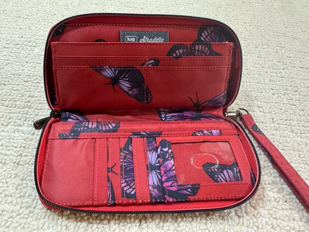 Lug Straddle RFID Wristlet Wallet Butterfly Poppy Red Continental Zip Around EUC